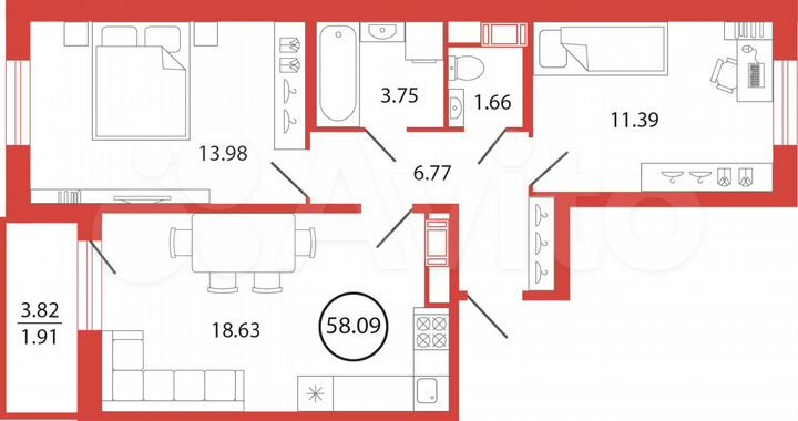 2-к. квартира, 58,1 м², 12/12 эт.