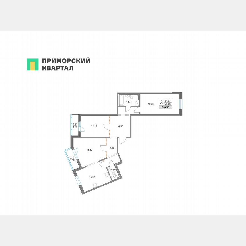 3-к. квартира, 96,8 м², 8/19 эт.