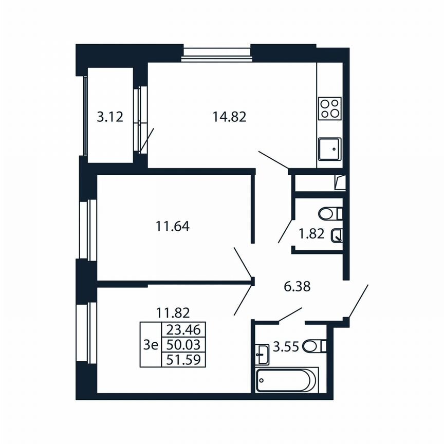 2-к. квартира, 53,2 м², 2/12 эт.