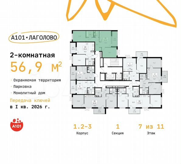 2-к. квартира, 56,9 м², 7/11 эт.