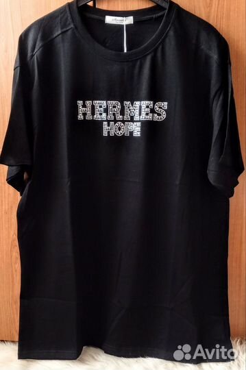 Футболка с принтом H E R M E S из страз р.50 Новая