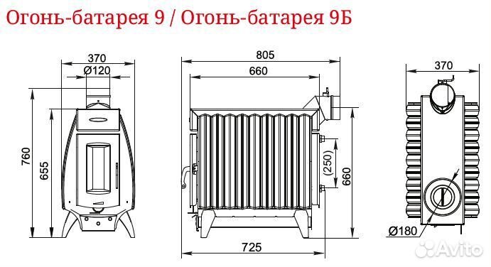 Печь Отопительная Огонь-Батарея 9 серый металлик