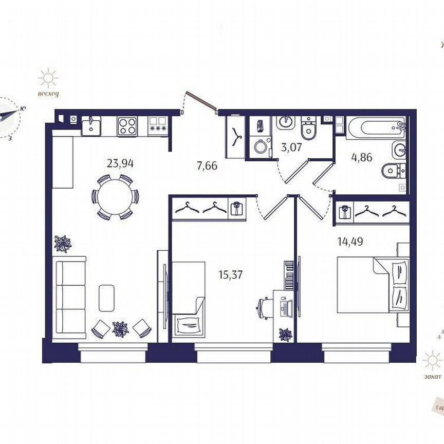 2-к. квартира, 69,4 м², 2/4 эт.