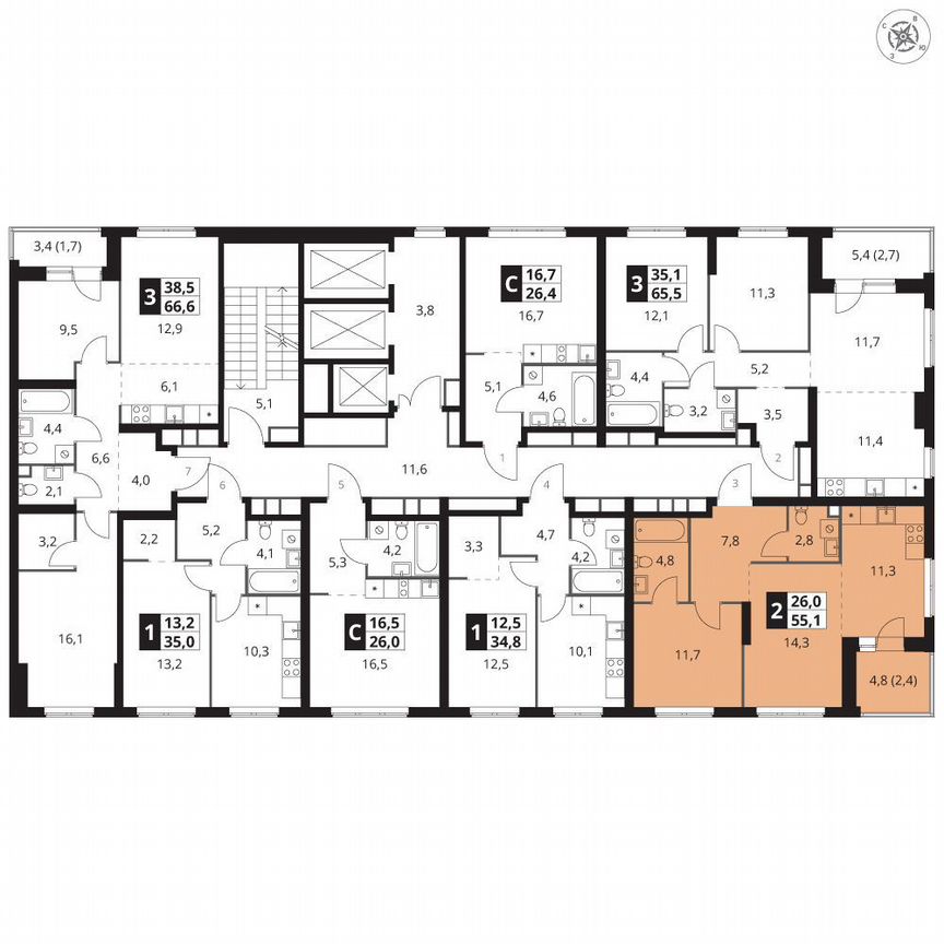 1-к. квартира, 55,1 м², 6/23 эт.