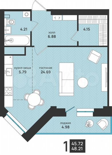 1-к. квартира, 48,2 м², 5/9 эт.