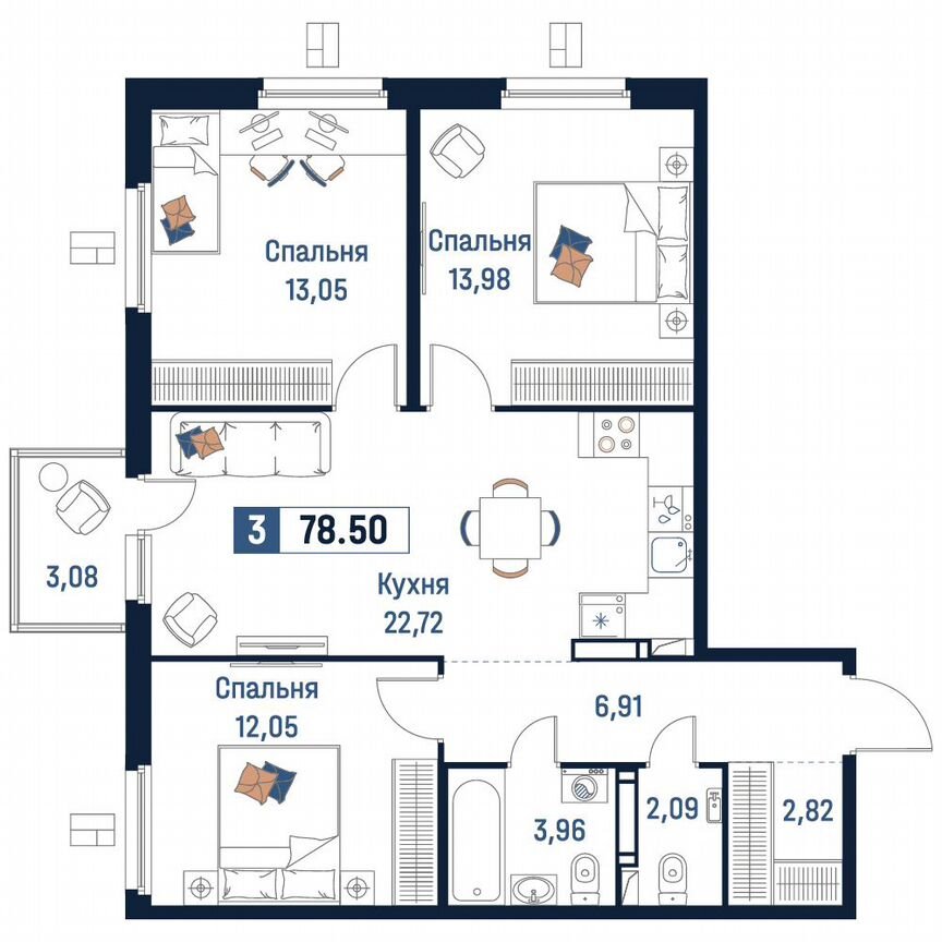 3-к. квартира, 78,5 м², 3/18 эт.