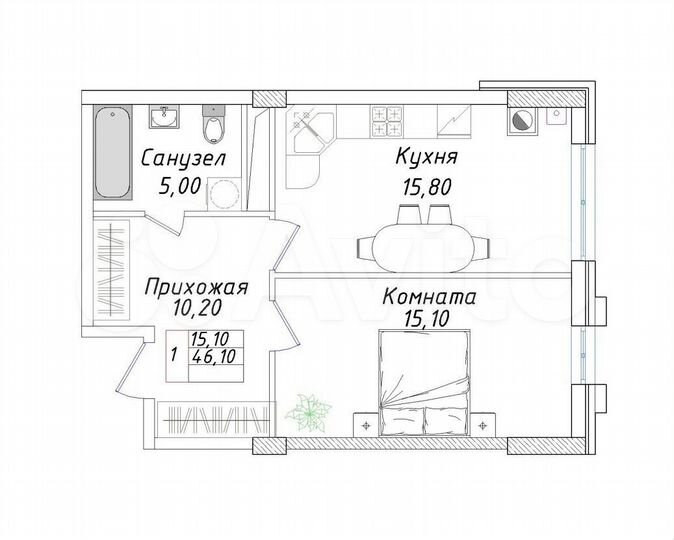 1-к. квартира, 46,1 м², 3/8 эт.