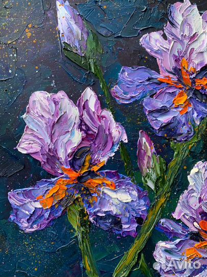 Картина маслом фиолетовые ирисы букет цветов
