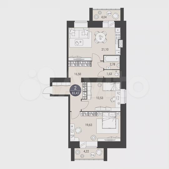 2-к. квартира, 83,4 м², 2/10 эт.