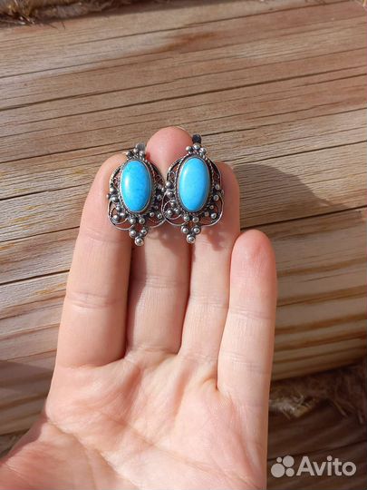 Серебряные серьги СССР, бирюза, винтаж