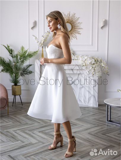 Белое платье миди (новое) свадебное