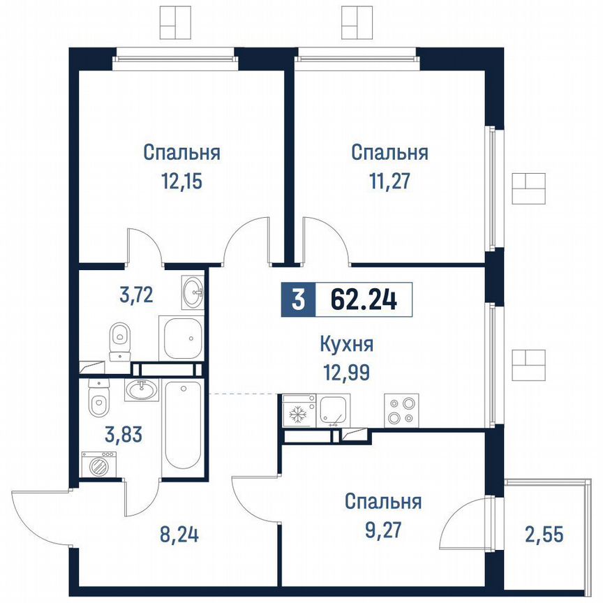 3-к. квартира, 61,5 м², 11/18 эт.