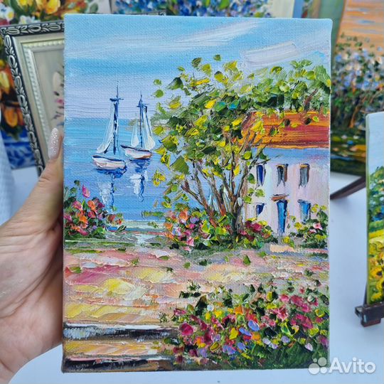 Картина маслом пейзаж цветы морской берег 15х20