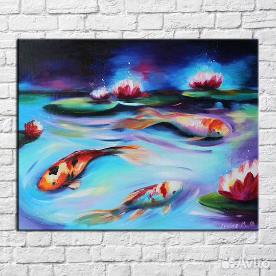 Картина маслом на холсте с карпами 35/50 см