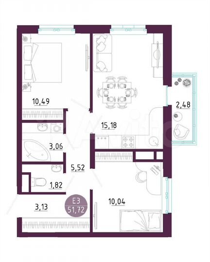 2-к. квартира, 51,7 м², 4/10 эт.