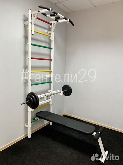 Шведская стенка со скамьей, упорами и штангой