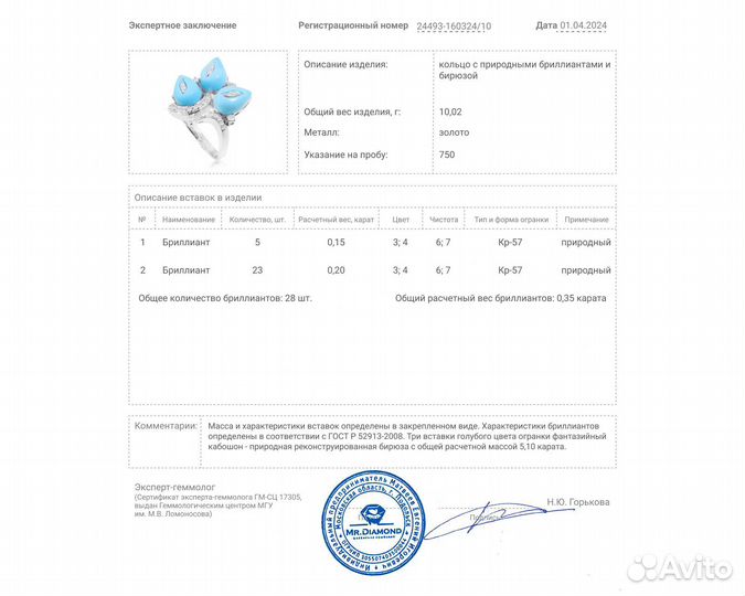 Золотое кольцо с бирюзой и бриллиантами