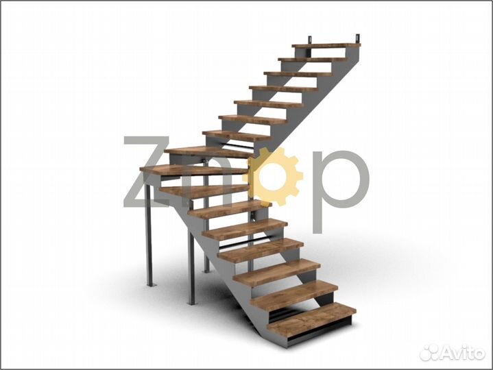 Чертеж Г-образной лестницы с забежными ступенями