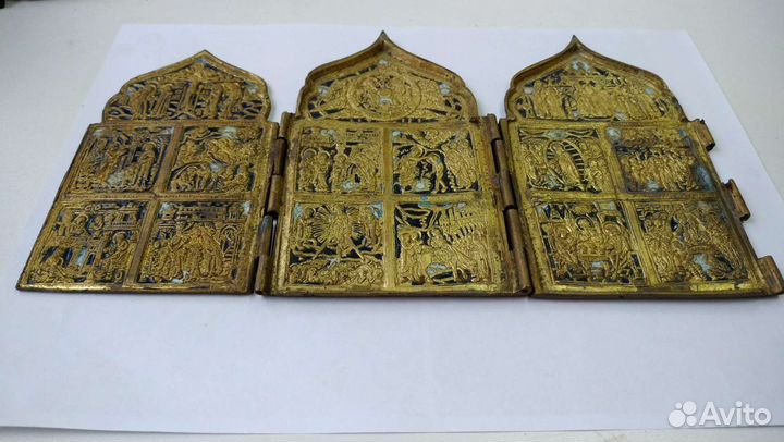 Складень Икона XIX века Бронза Эмаль с позолотой