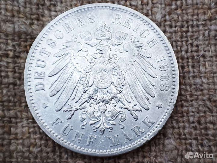 5 марок Германская империя 1908 Саксония