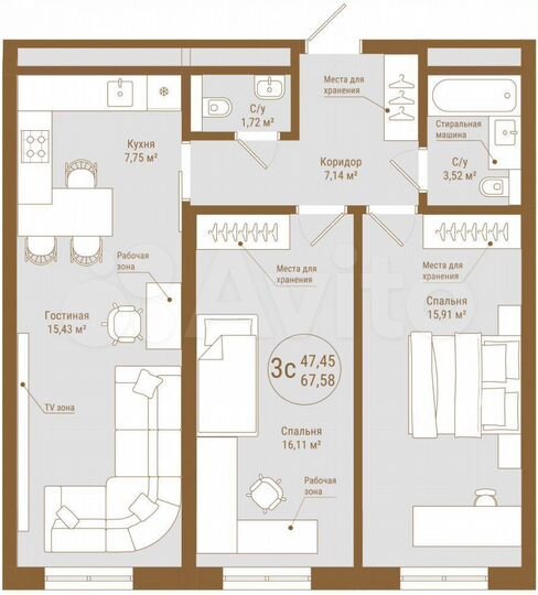 3-к. квартира, 67,6 м², 19/25 эт.