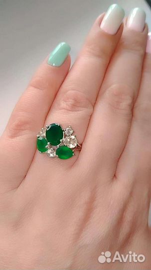 Серебряное кольцо с зелёным агатом 17 размер