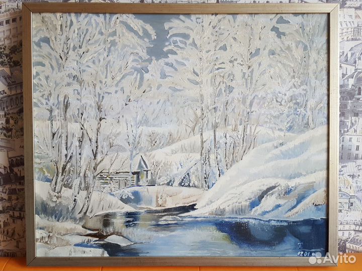 Картина маслом Домик лесника зимний пейзаж маслом