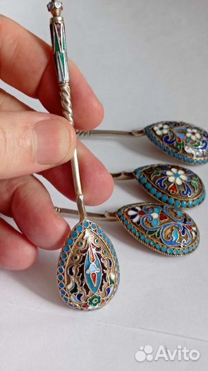 Царские ложки,серебро+пять эмалей, 84 пробы
