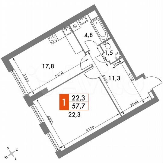 1-к. квартира, 57,7 м², 36/47 эт.