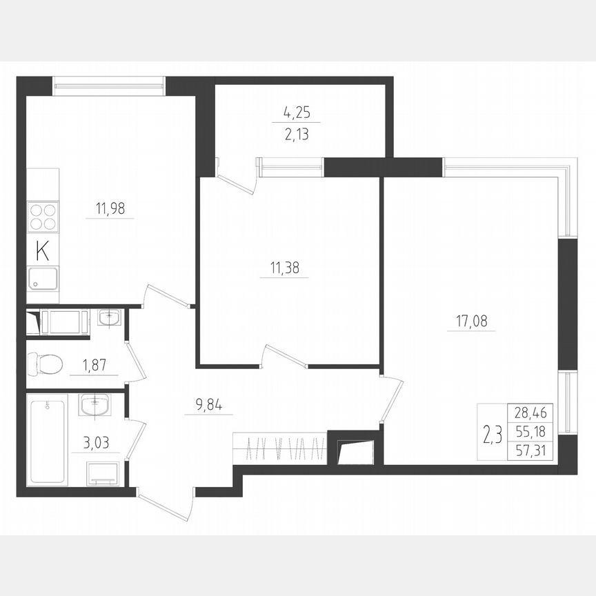 2-к. квартира, 57,3 м², 2/8 эт.