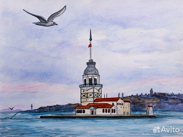 Картина оригинал акварель Девичья башня в Стамбуле