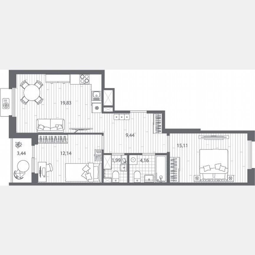 2-к. квартира, 64,4 м², 7/13 эт.