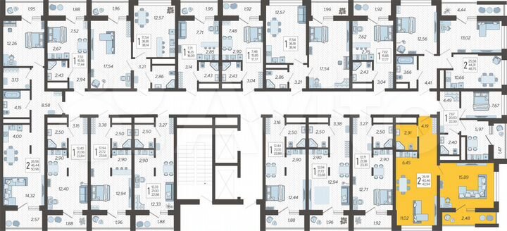 2-к. квартира, 42,9 м², 15/19 эт.