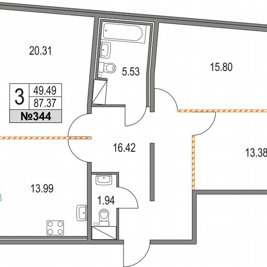 3-к. квартира, 87,4 м², 9/21 эт.