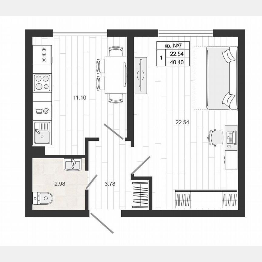1-к. квартира, 40,4 м², 1/4 эт.