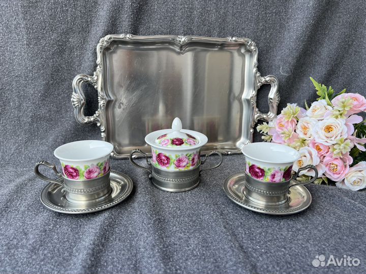 Винтажный кофейный набор, сахарница оловянная