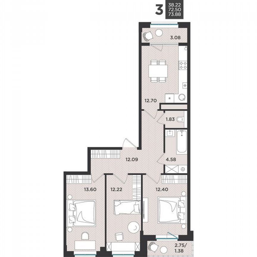 3-к. квартира, 73,9 м², 3/4 эт.
