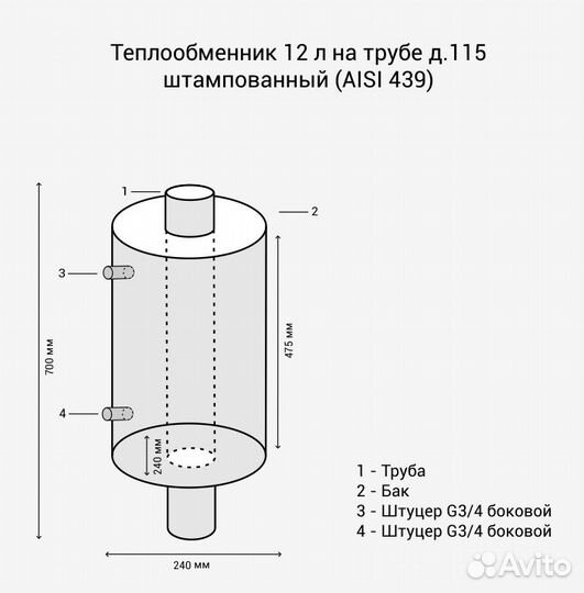 Теплообменник 12л на трубе д.115 нерж. (aisi 439)