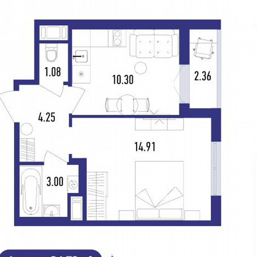 1-к. квартира, 34 м², 9/12 эт.