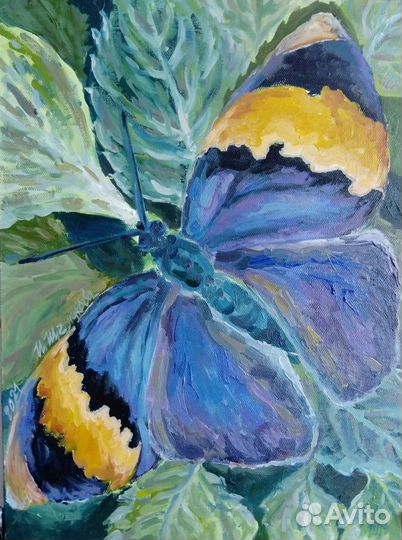 Картина маслом на холсте, цветы, бабочки