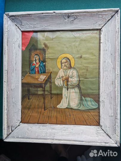 Икона старинная Серафим Саровский литография рама