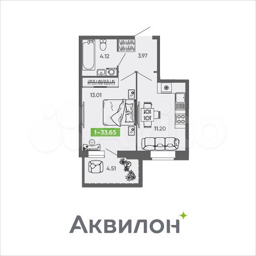 1-к. квартира, 33,7 м², 1/9 эт.