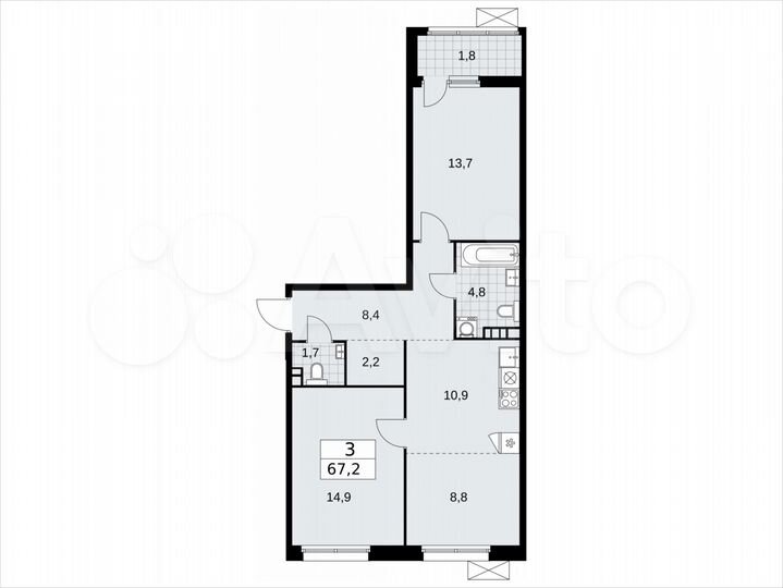 3-к. квартира, 67,2 м², 3/12 эт.