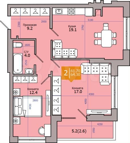 2-к. квартира, 64,3 м², 8/18 эт.