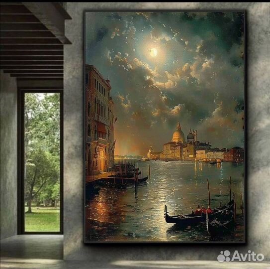 Картина маслом лодки Венеции Премиум холст