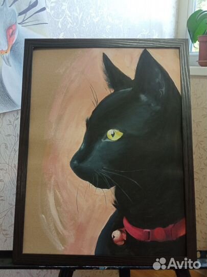 Картина маслом Чёрная кошка с колокольчиком