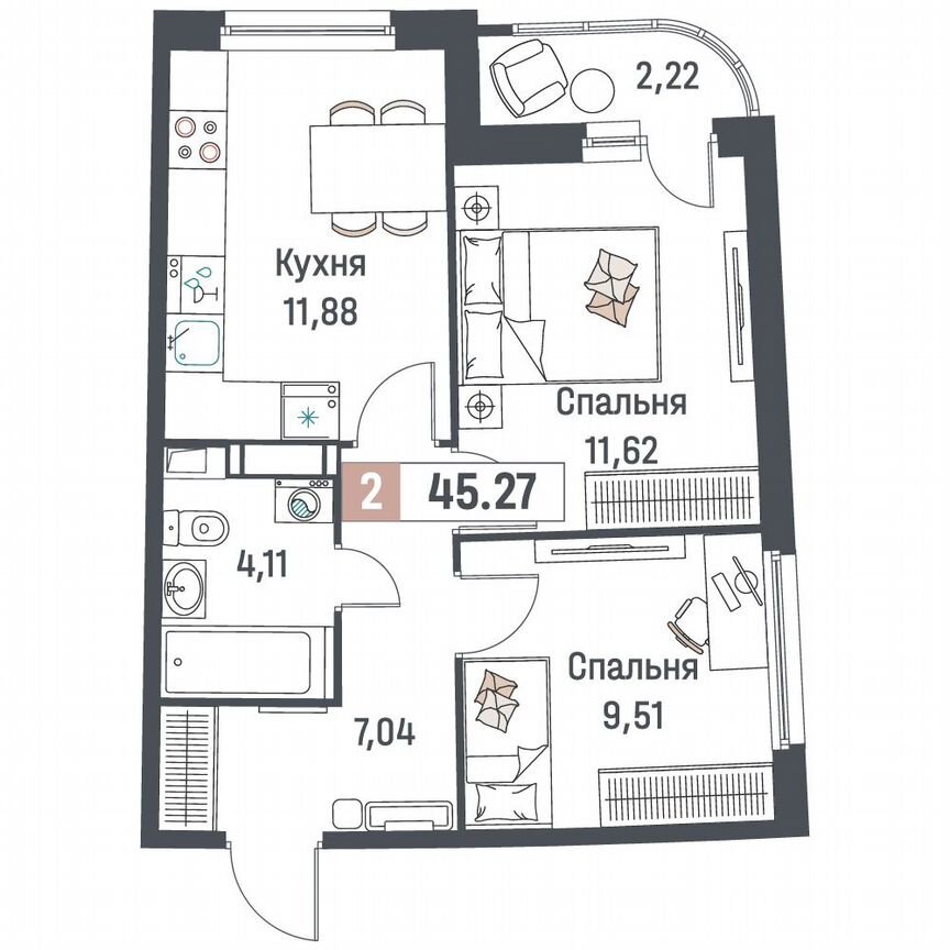 2-к. квартира, 45,3 м², 6/18 эт.