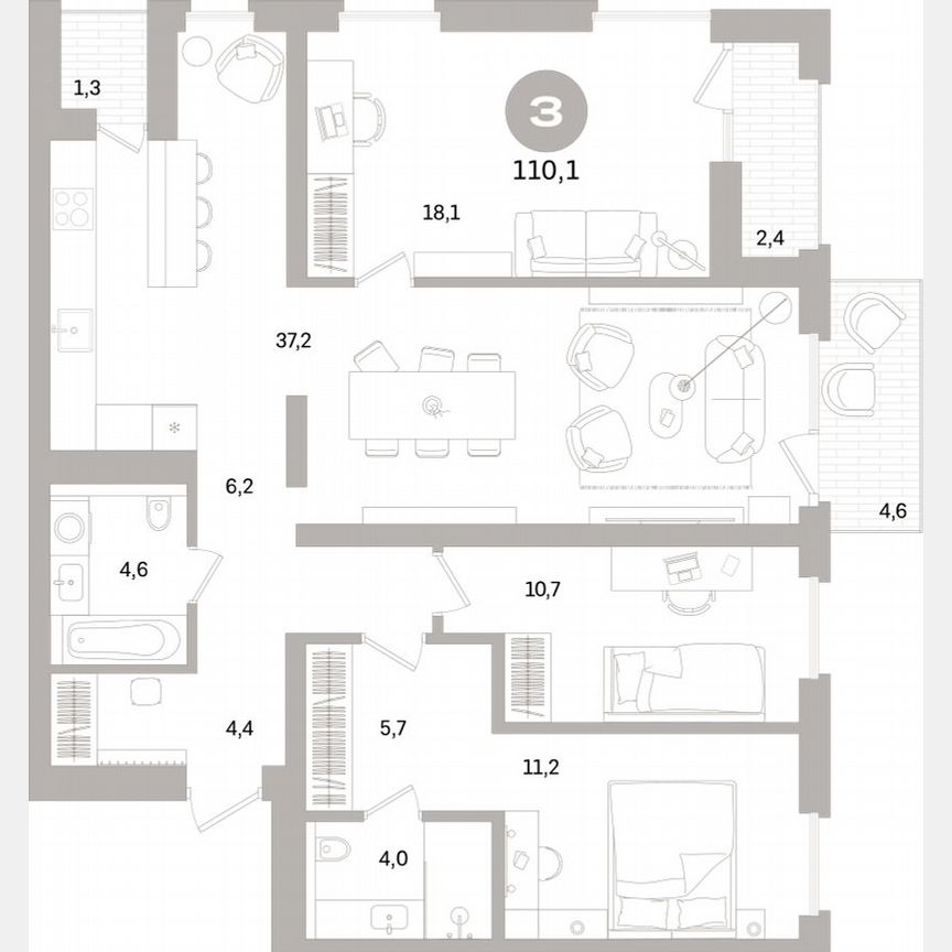 3-к. квартира, 109,4 м², 3/15 эт.