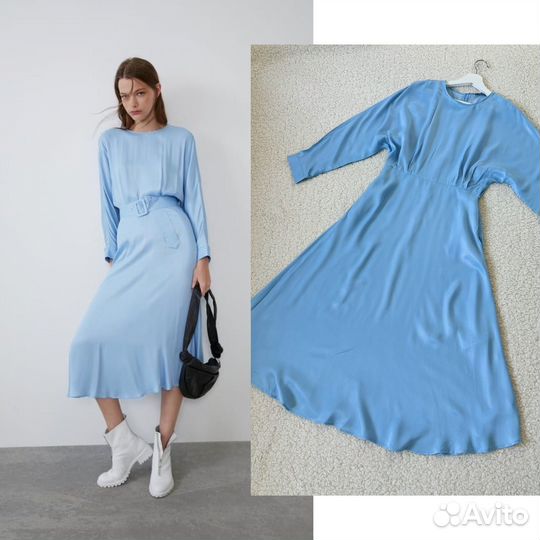 Платье Zara голубое S атласное миди