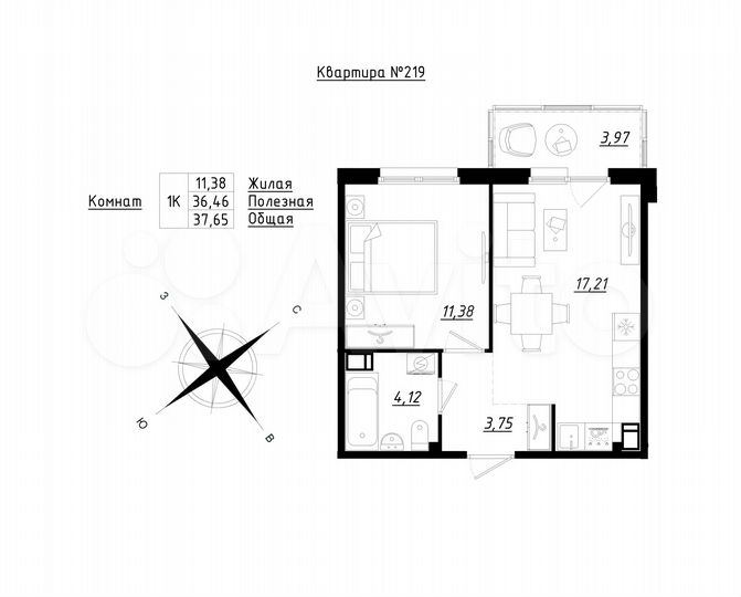 1-к. квартира, 37,7 м², 2/5 эт.